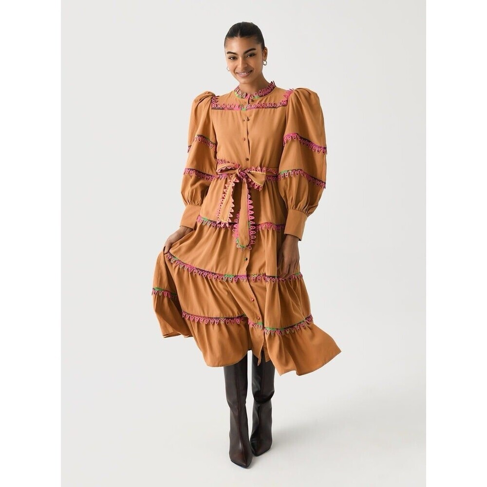 Celia B Hasu Dress S Sand Tiered Midi Puff Sleeve Belted Scallop Cottagecore